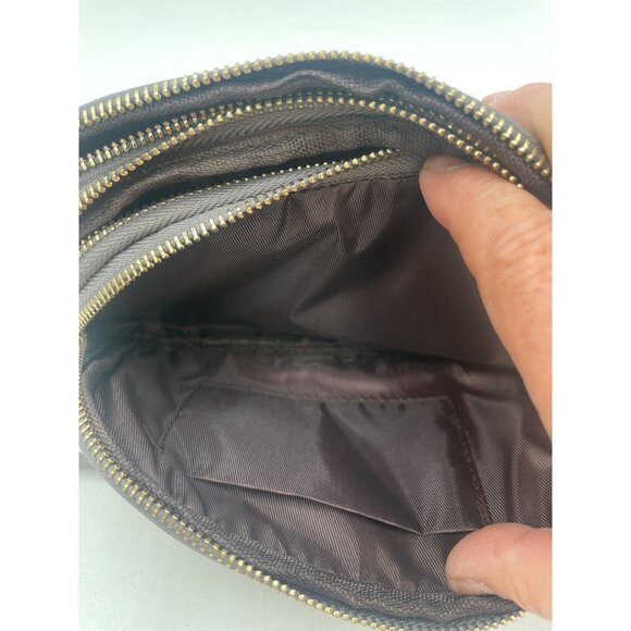 Brown Faux Leather Crossbody Bag With Gold Double Zippers Antler Logo 8x5 in - Picture 8 of 12